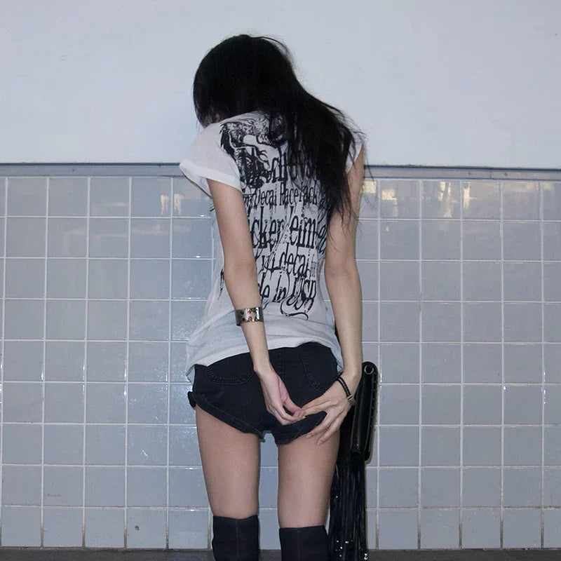 Japanese Y2k Letter Print T-shirt Trashy 2000s Style Tattoo T Shirt Vintage Harajuku Short Sleeve Sheer Tops Grunge Goth