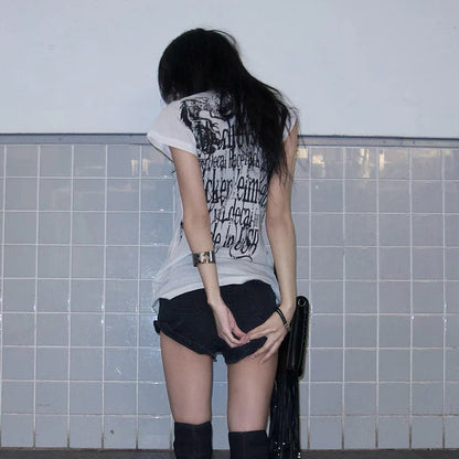 Japanese Y2k Letter Print T-shirt Trashy 2000s Style Tattoo T Shirt Vintage Harajuku Short Sleeve Sheer Tops Grunge Goth