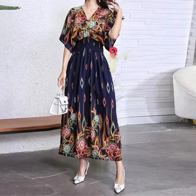 Flower V-neck Elastic Youthful Bohemian Sweet Midi Dress Woman Clothes Chic Fashion Summer Dresses 2025 Large Swing Ski