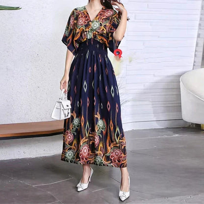 Flower V-neck Elastic Youthful Bohemian Sweet Midi Dress Woman Clothes Chic Fashion Summer Dresses 2025 Large Swing Ski
