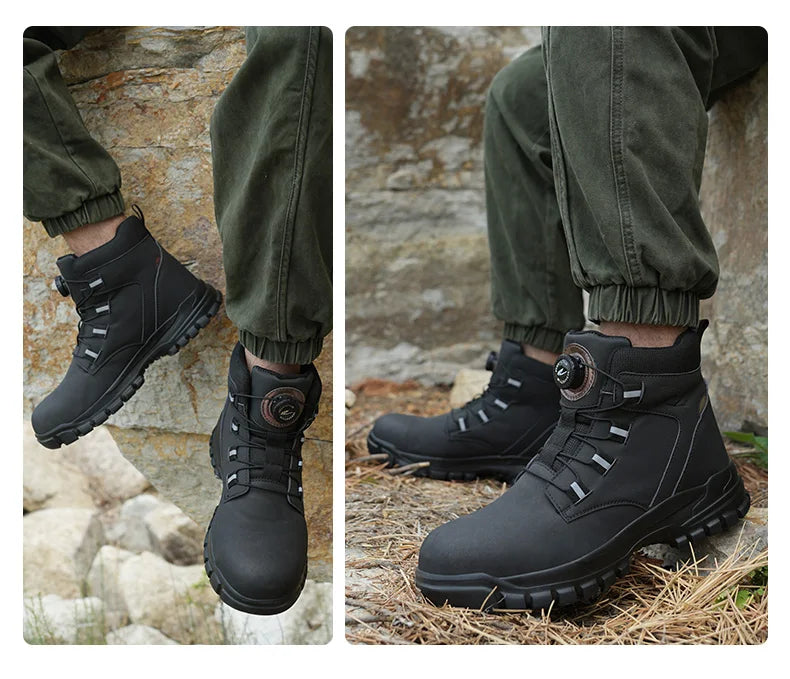 High Top Work Shoes Men Rotary Button Slip Resistant Safety Shoes Water Resistant Work Sneakers Anti-Puncture Anti-smash Shoes