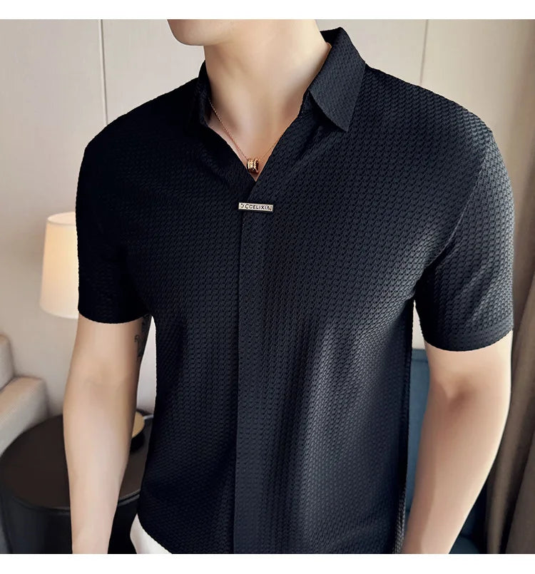 High-Grade Ice Silk Seamless Adhesive Polo Shirt, High-Elastic V-neck Thin Waffle Short-Sleeved Golf Shirt, T-shirt