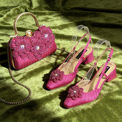 Party Shoes And Bag Ladies Heel Decoration Pure Elegant Flower Wedding Shoes And Bag Full rhinestone Fashion Handbag