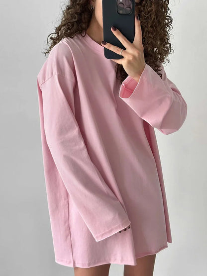Women Summer 100% Cotton T-shirt Bottoming Spring Basic Fashionable Solid Lady Long Sleeve Loose Tops Shirts