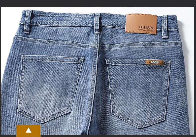 Calça Jeans Masculina Coreana Macia Elástica Slim Fit Negócios Casual Reta Jeans Clássica Marca Azul Lavado Cinza
