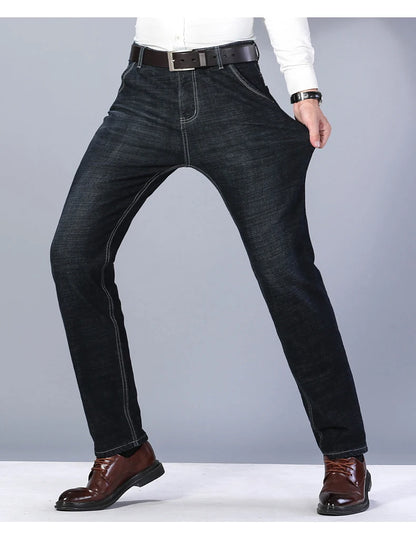 2023 Winter Men Black Blue Straight Stretch Denim Thick Velvet Pants Warm Jeans Casual Fleece Line Trousers Male Plus Size