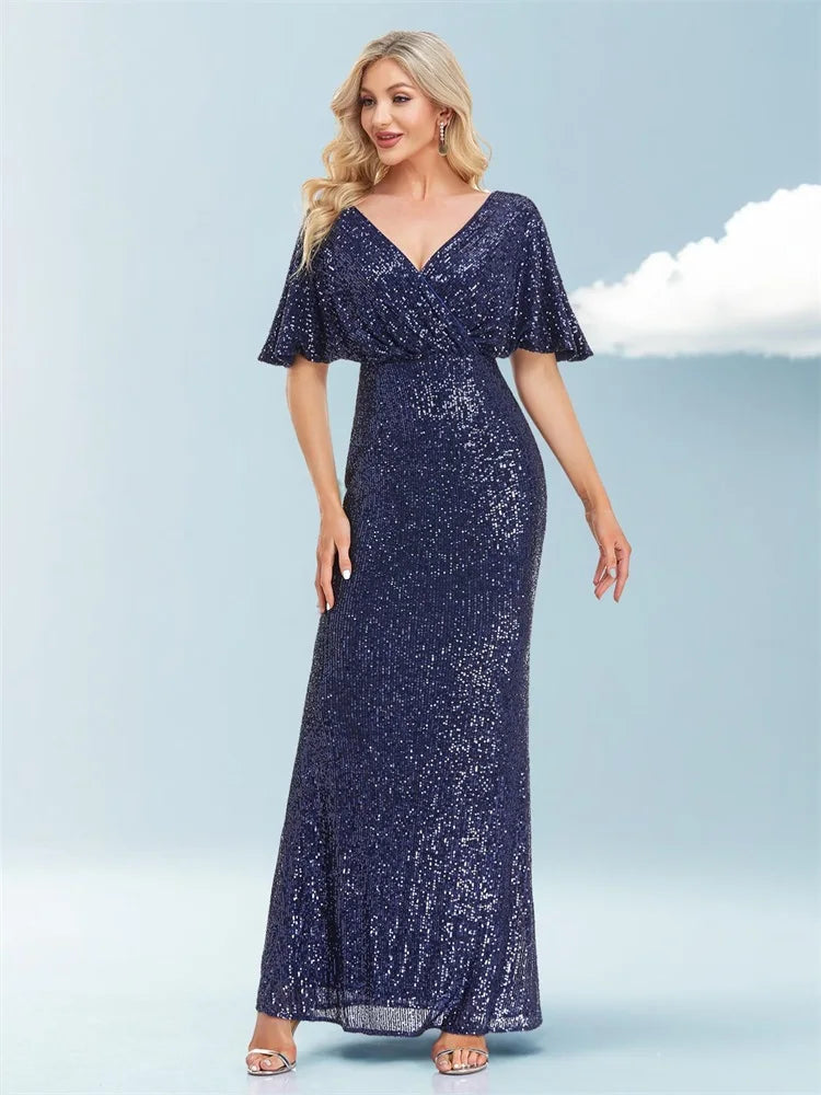 Women Elegant V-neck Luxury Evening Dress Sexy Sequin Mermaid Dress Floor Lenght Prom Blue Party Dress vestido