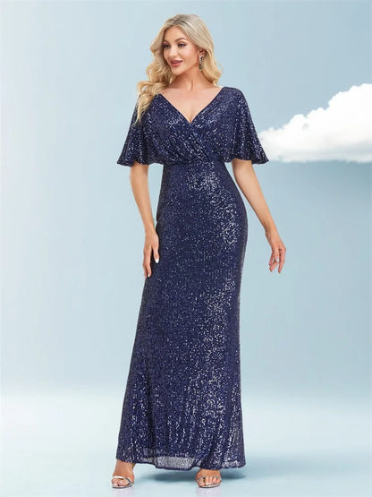 Women Elegant V-neck Luxury Evening Dress Sexy Sequin Mermaid Dress Floor Lenght Prom Blue Party Dress vestido