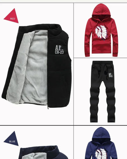 3 Pieces Set Hoodies+Vest+Pants Casual Track Suit Clothing Coats Winter Thick Warm Tracksuit for Couple Printed Mens Set Vest