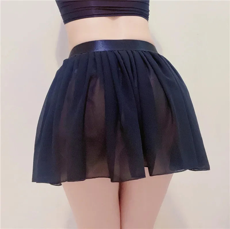 Elastic See Through A-Line Pleated Mini Solid Black Sheer Sexy High Waisted White Lace silk Short Skirts for Woman Spring Summer