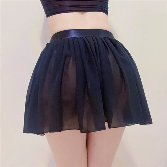 Elastic See Through A-Line Pleated Mini Solid Black Sheer Sexy High Waisted White Lace silk Short Skirts for Woman Spring Summer