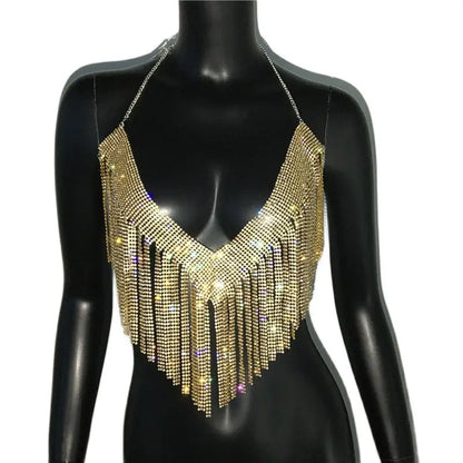 Bling Rhinestones Tassel Party Crop Top Woman Fashion Halter Neck Backless Design Full Diamond Sequins Nightclub Clubwear
