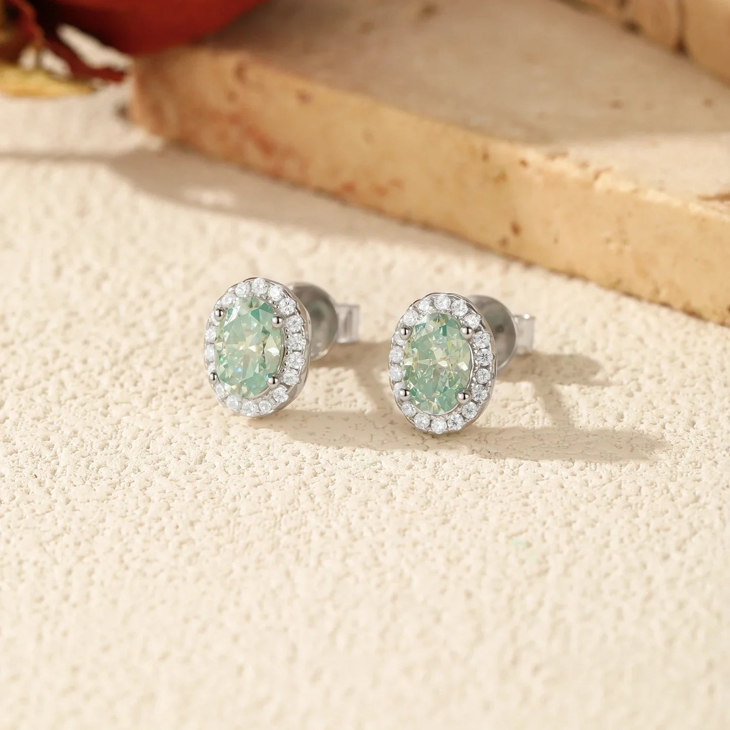 1CT D Color Green Moissanite Halo Earrings 925 Sterling Silver Elegant Oval Stud Earrings For Women Party Fine Jewelry