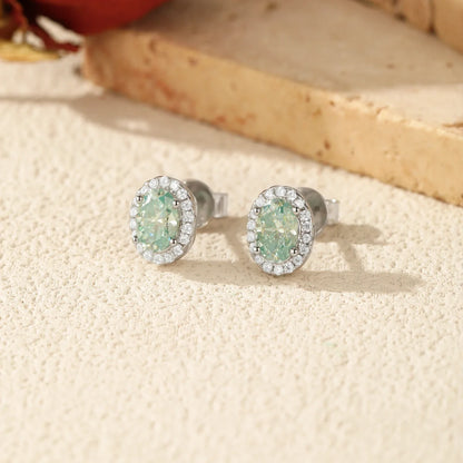 1CT D Color Green Moissanite Halo Earrings 925 Sterling Silver Elegant Oval Stud Earrings For Women Party Fine Jewelry