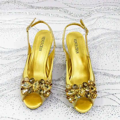 Rhinestone Design African Shoes & Bag Set in Green – Open Toe Comfortable Women's Heels