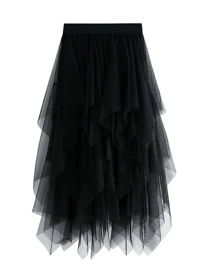 Women Sweet  Midi Spring And Summer High Waist Solid Asymmetrical Elegant Chic White Mesh Tulle Skirts Faldas