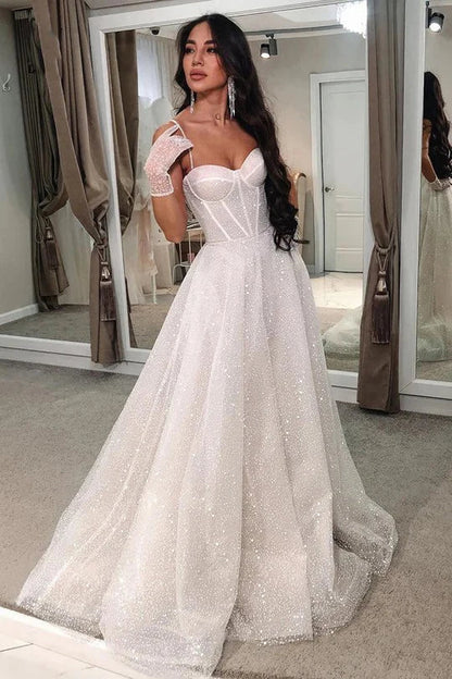 Beach Glitter Wedding Dress V Neck Party Bridal Dresses Vestido De Noiva Gelinlik Arabic mariee Shiny Bridal Gowns