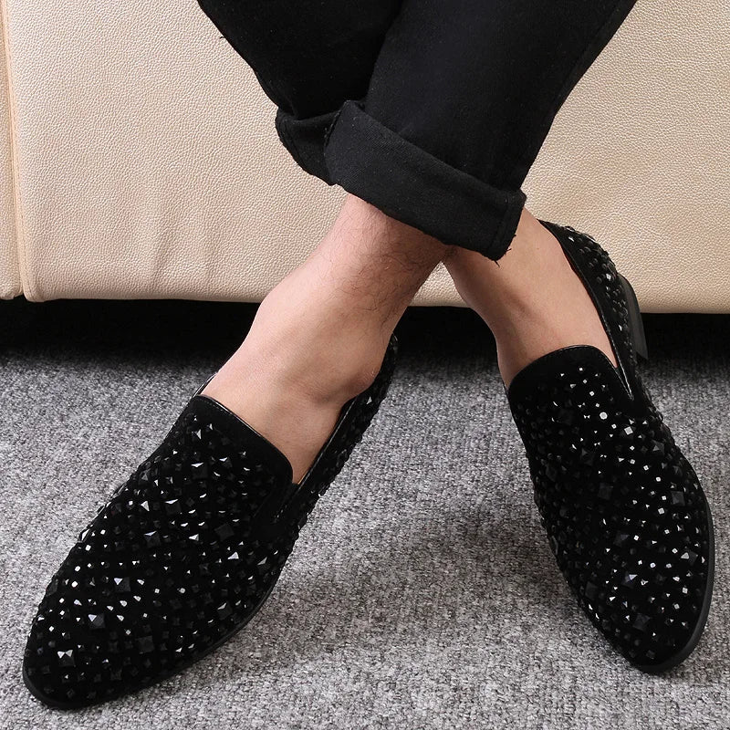 Black Spikes 2022 New Brand Mens Loafers Luxury Shoes Denim And Metal Sequins High Quality Casual Men Shoes