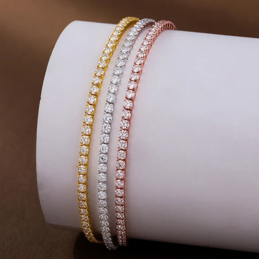 2mm Round Full Moissanite Diamond Tennis Bracelet for Women 925 Sterling Silver Plated 18K Gold Adjustable Wrist Chain Jewelry