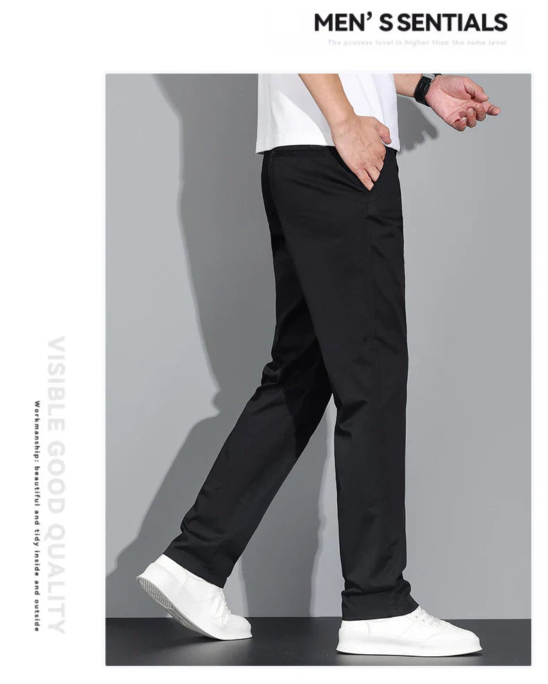 New Men's Business Cotton Thin Straight Pants Casual Elastic Slim Comfortable Male Brand Trousers Black Gray Khaki Royal Blue