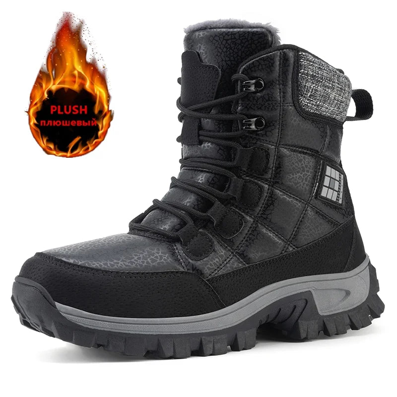 New Warm Plush Men's Snow Boots Lace Up High Top Men's Boots Waterproof Winter Ankle Boots Outdoor Anti-Slip Men Hiking Boots