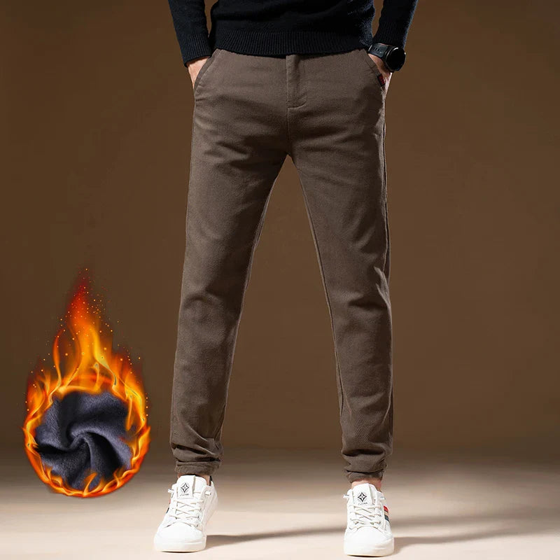 Korean Business Casual Fleece Men Pants Winter Thickened Straight Thermal Casual Pants Male Fashion Stretch Warm Velvet Trousers