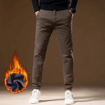 Korean Business Casual Fleece Men Pants Winter Thickened Straight Thermal Casual Pants Male Fashion Stretch Warm Velvet Trousers