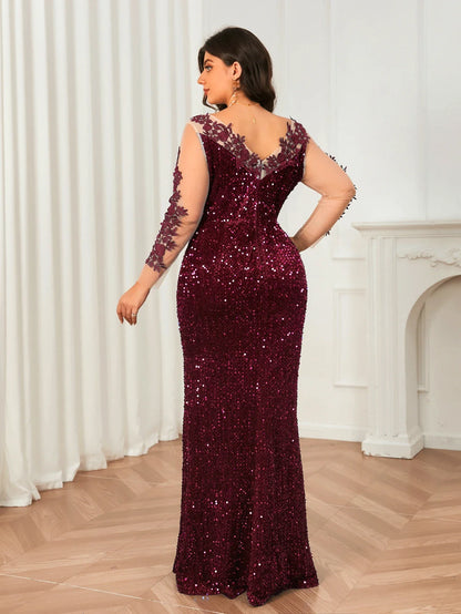 O Neck Curve Long Sequined Velvet Lace Evening Dress Prom Gown Floor Length Backless Maxi Dresses
