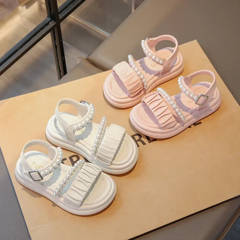 Girls Sandals Pleated Ins Trendy Kids Princess Shoes Beads Sweet Soft Sole 2025 Summer New Children Beach Shoes Open Toes Cute