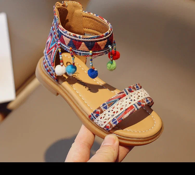 Ethnic Style Simple Children Roman Shoes 2024New Soft Breatheable Flats Open-toe Kids Shoes Non-slip Girls Sandals GLADIATOR