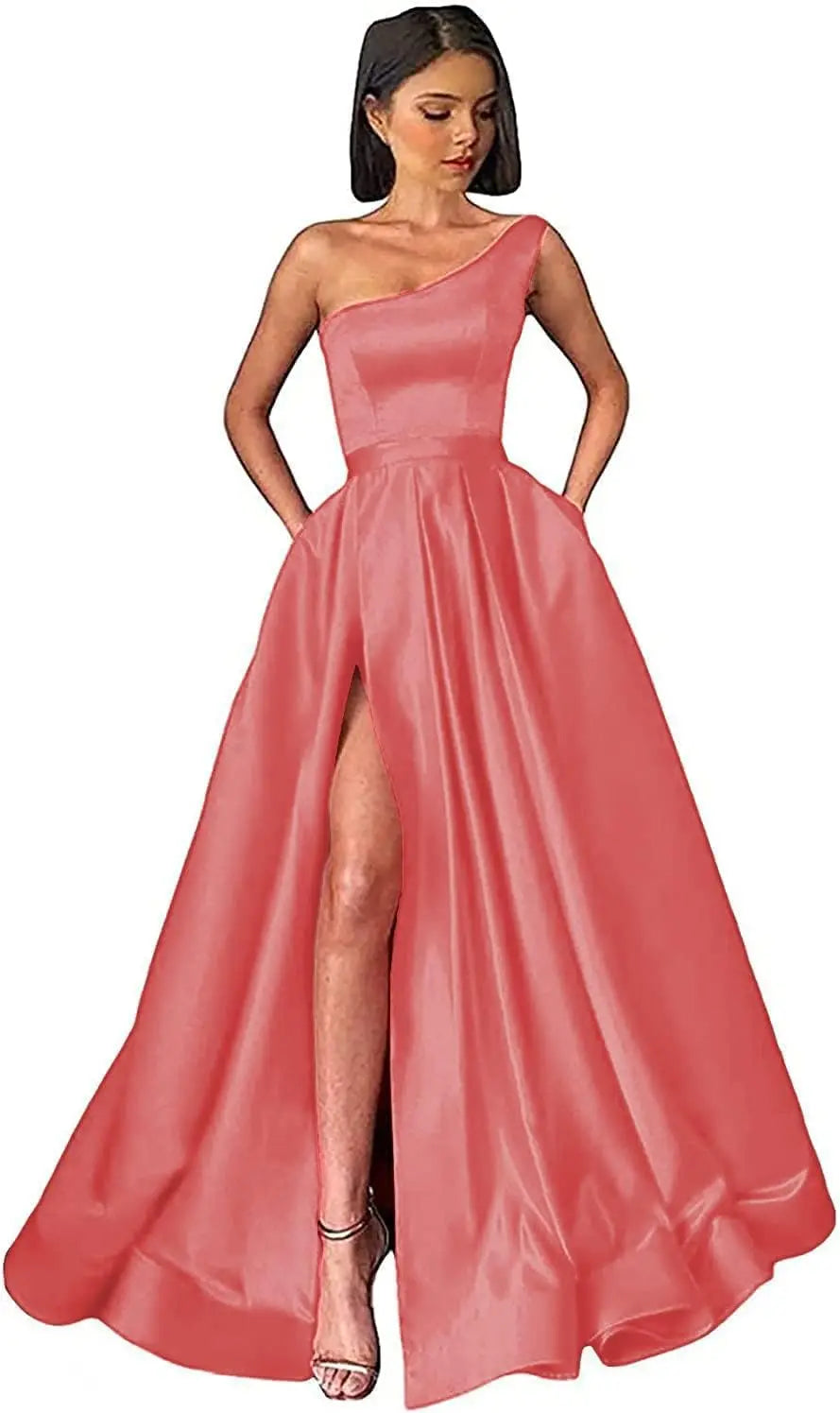 Women's One Shoulder Prom Dresses with Pocket High Slit Pleated Satin Corset Formal Gowns Evening Dress A Line Bridesmaid Gown