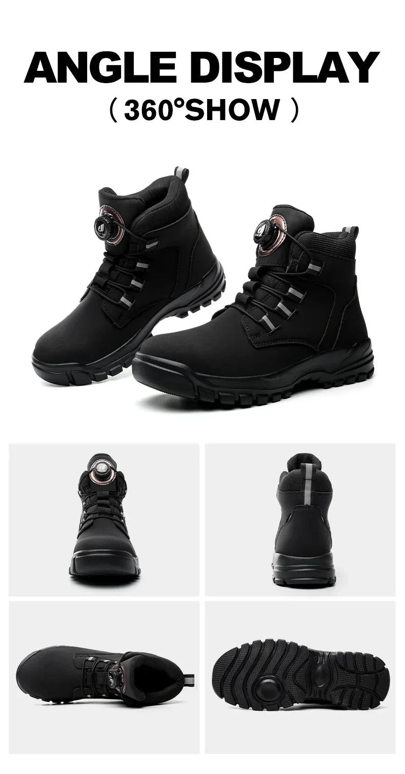 Leather Non Slip Work Boots for Men Rotating Button Safety Shoes Steel Toe Sneaker Male Puncture Proof Protective Boots