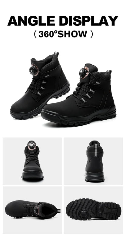 Leather Non Slip Work Boots for Men Rotating Button Safety Shoes Steel Toe Sneaker Male Puncture Proof Protective Boots