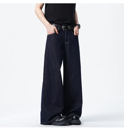 Calça Jeans Masculina Azul Escuro Solta Comprida Reta Clássica De Comprimento Do Chão Atacado Venda Quente Minimalista Casual Streetwear