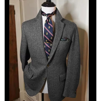 Men's Herringbone Tweed Blazer Vintage British Slim Fit Suit Jacket Wool Blend Formal Coat with Pocket Square Wedding Casual
