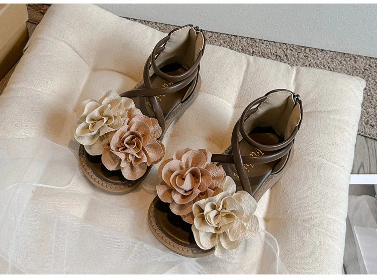 2025 Girls Sandals Summer New Flower Pearls Little Girl Princess Shoes Soft Bottom Non-slip Girl Kids Roman Sandals Shoes I03191