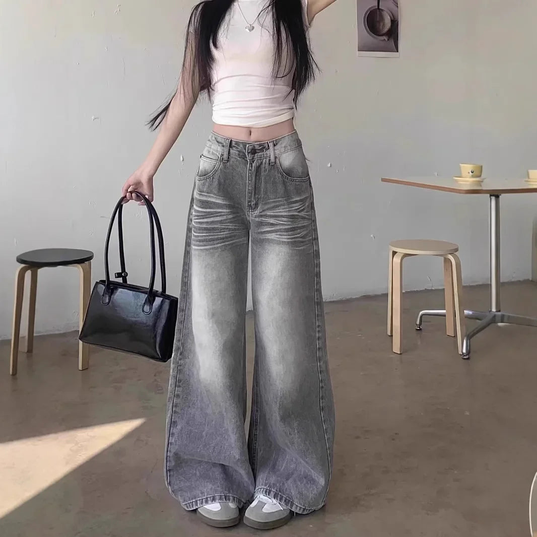 High Waist Wide Leg Grey Washed American Style Jeans