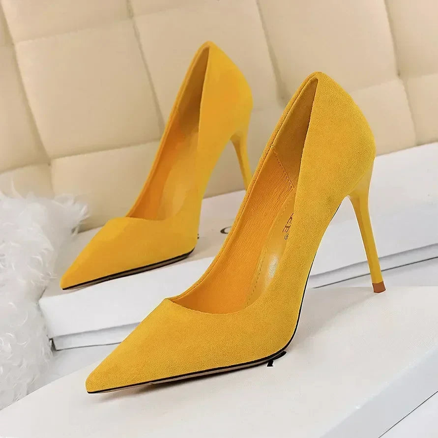 Women 9cm High Heels Daily Party Colorful Suede Pumps Female Scarpins Stiletto Evening Banquet Red Yellow Shoes Plus Size 34-43