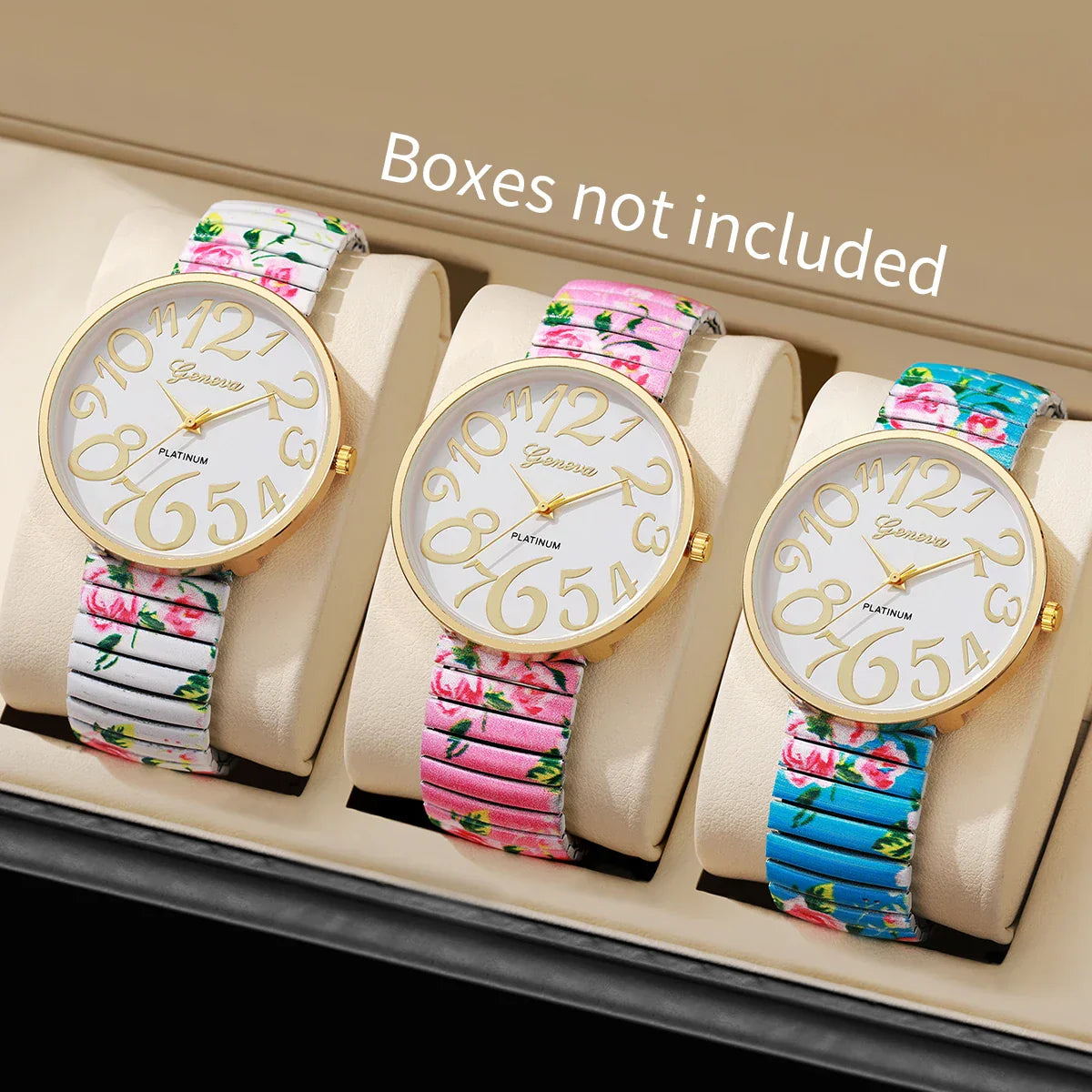 1/2/3/4PCS Fashion Flowers Printed Women Watch Luxury Elastic Strap Arabic Quartz Watches Reloj Mujer Girls Clock（Without Box）
