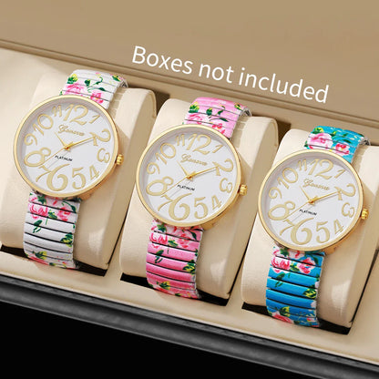 1/2/3/4PCS Fashion Flowers Printed Women Watch Luxury Elastic Strap Arabic Quartz Watches Reloj Mujer Girls Clock（Without Box）