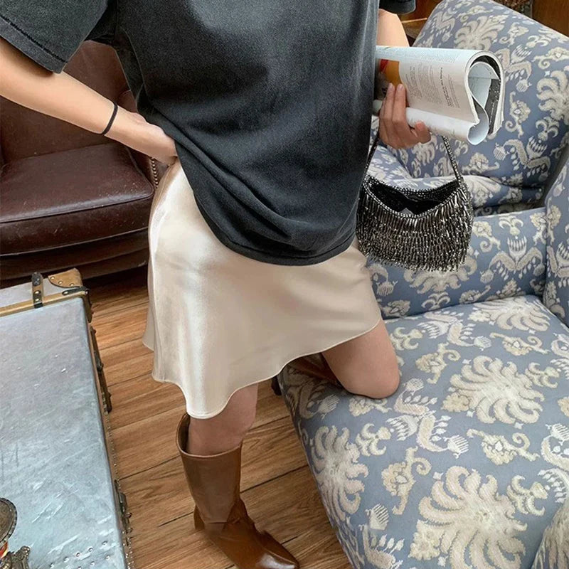 2026 Summer Lady High Waist Thin Acetate Satin Skirts Lady Solid Color A-line Dresses Girls Chic Korean Fashion Skirts