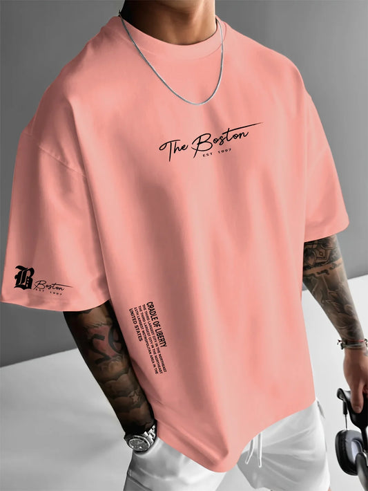 Men's summer 100 cotton fashionable casual sports loose Boston city slogan printed round neck short sleeved T-shirt top