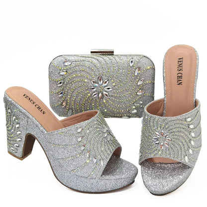 Women's Shoes High Heels Sexy Ladies Party Wedding Pattern Embroidery Mules Shoes and Bags Set for Italian