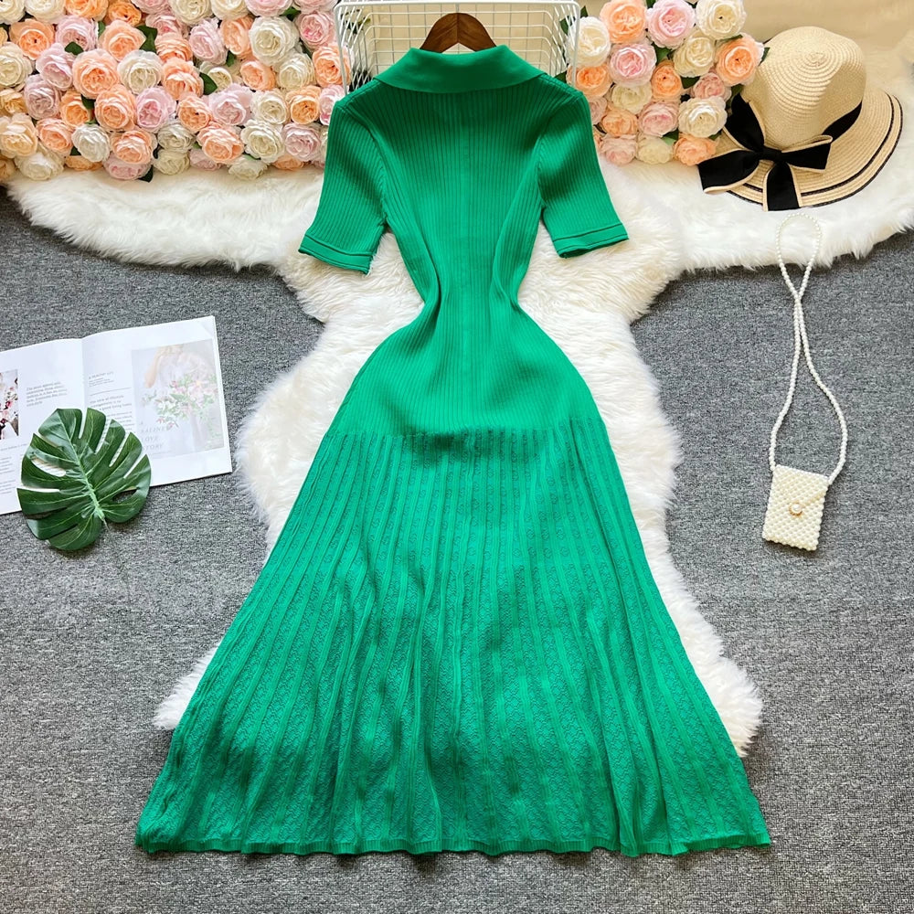 Fashion Vintage Turn-down Collar Knit Maxi Dress Elegant Single-breasted A-line Long Shirt Dress Lady Vestidos