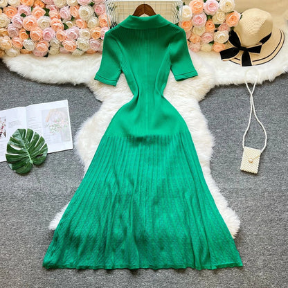 Fashion Vintage Turn-down Collar Knit Maxi Dress Elegant Single-breasted A-line Long Shirt Dress Lady Vestidos