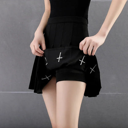 2020 Women Harajuku Sweet Fresh Feeling High Waist Pleated Skirt Elastic Waist Cross Embroidery Skirt black skirt Pleated Skirt