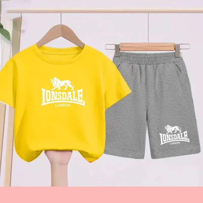 Lion Alphabet Print Kids Summer T-shirt Boys Girls Toddlers 3-12 Years Top+ Shorts 2P Outdoor Sports Clothes Fashion Leisure Set