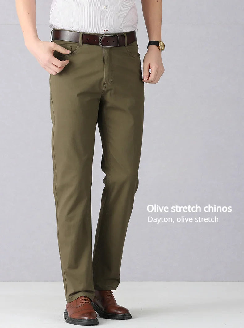 Dayton Olive Stretch Chinos:Mens Suit Pants Cotton Casual Stretch Male Trousers Long Straight High Quality Dress Pants 40 42 44