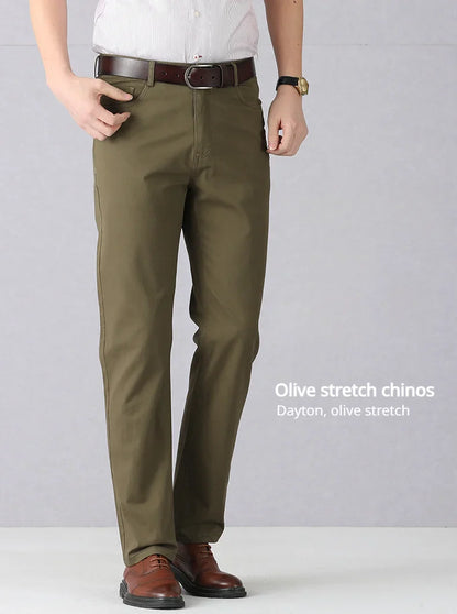Dayton Olive Stretch Chinos:Mens Suit Pants Cotton Casual Stretch Male Trousers Long Straight High Quality Dress Pants 40 42 44