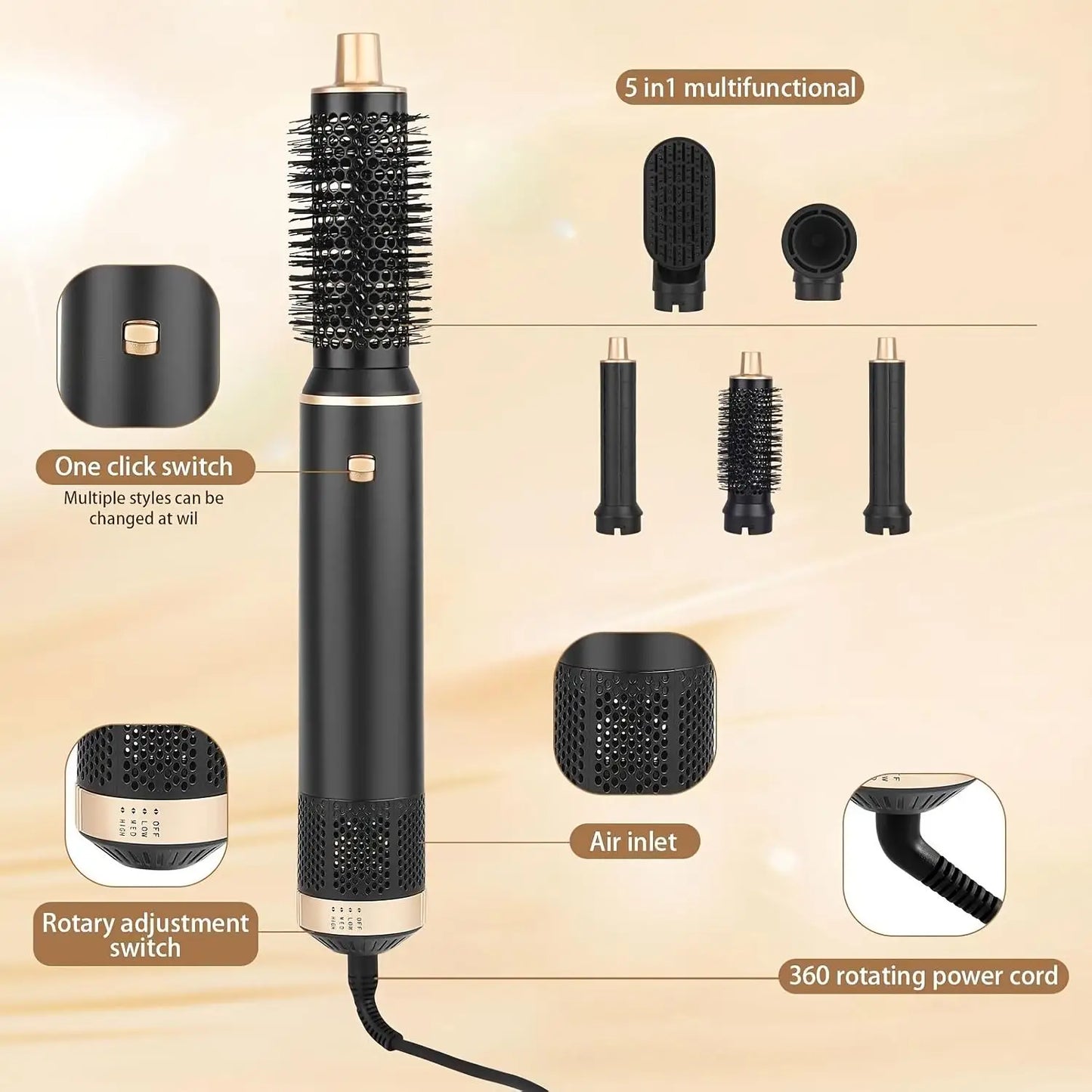5 in 1 Blow Dryer Brush, Hair Dryer Brush Air Curler Air Curling Wrap Styler, Hot Air Brush Negative Ion Curler